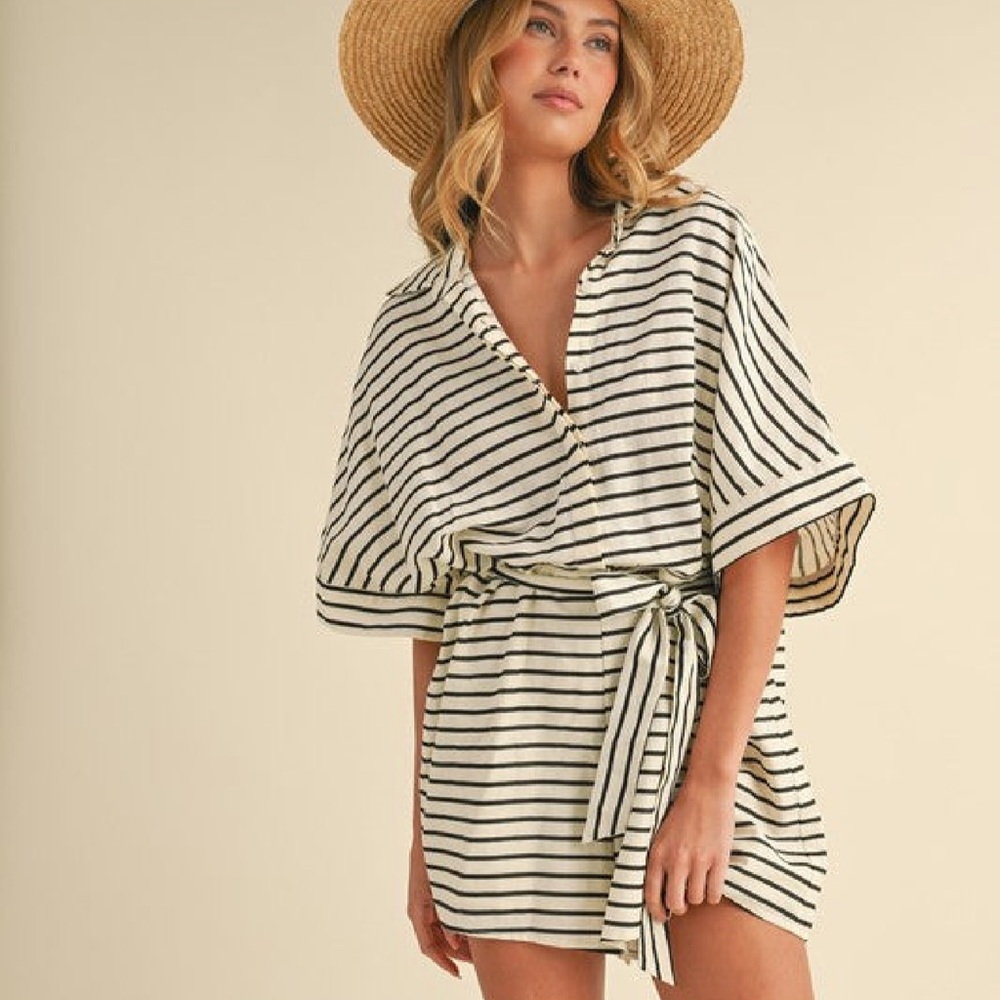 Striped Black and White Kimono button down belted romper